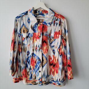 Chicos Womens Jacket size XL Linen blend Aztec Southwest Button Abstract